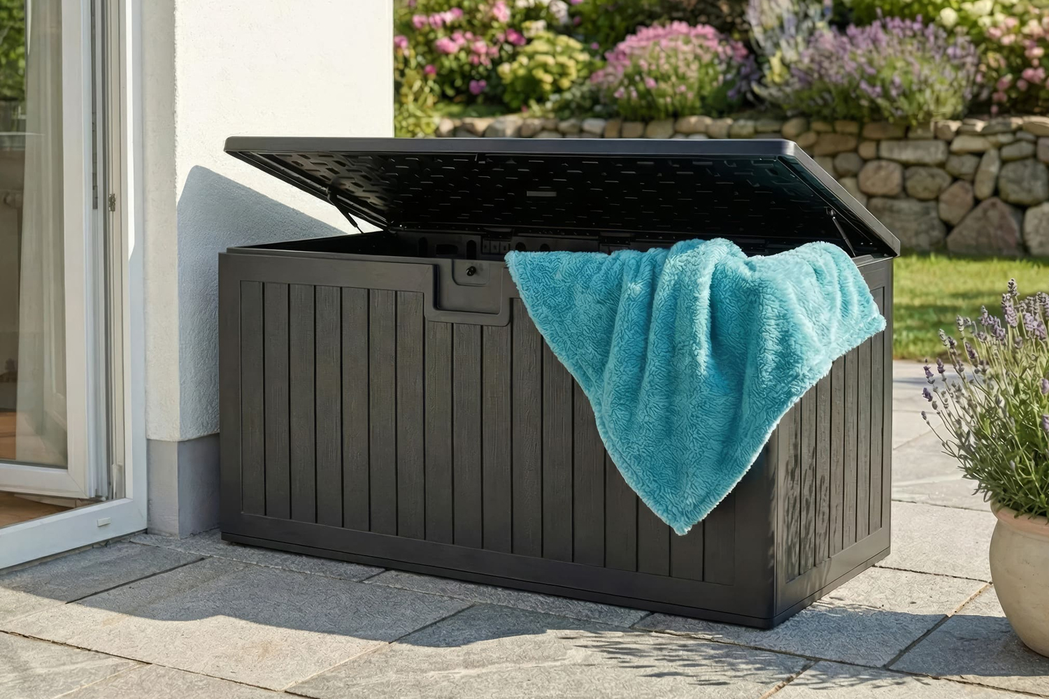 Aufbewahrungsbox Lilo Kissenbox Gartentruhe 140x70 cm Holzmaserung Schwarz Aufbewahrungsbox Lilo Kissenbox Gartentruhe 140x70 cm Holzmaserung Schwarz