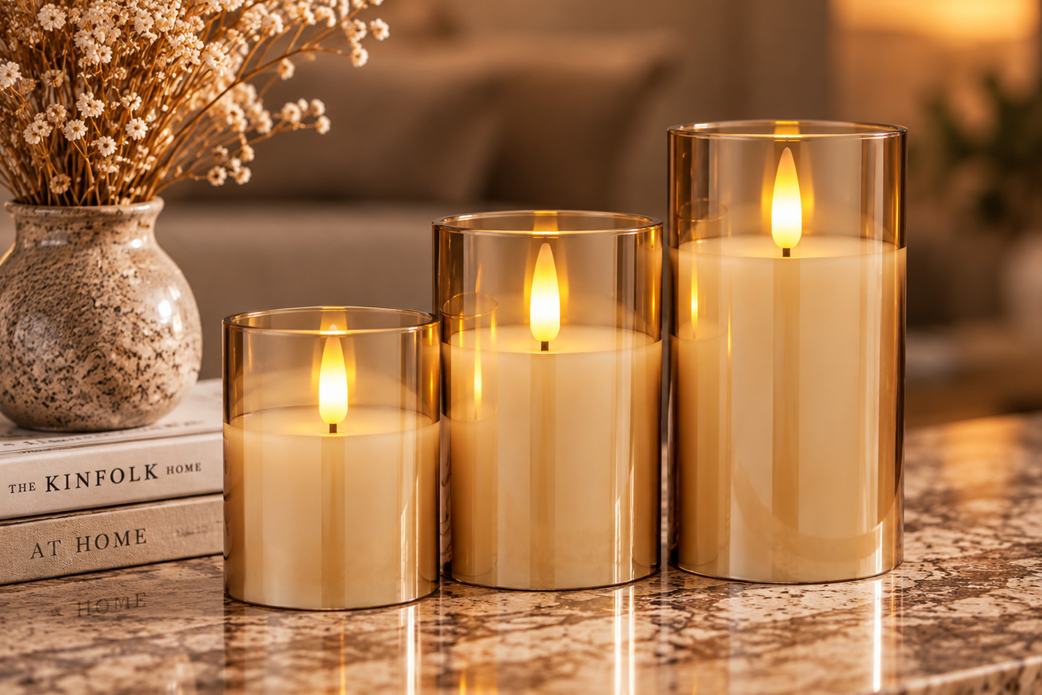 LED-Kerzen Set mit Fernbedienung Timer 3-tlg. im Glas Bernstein