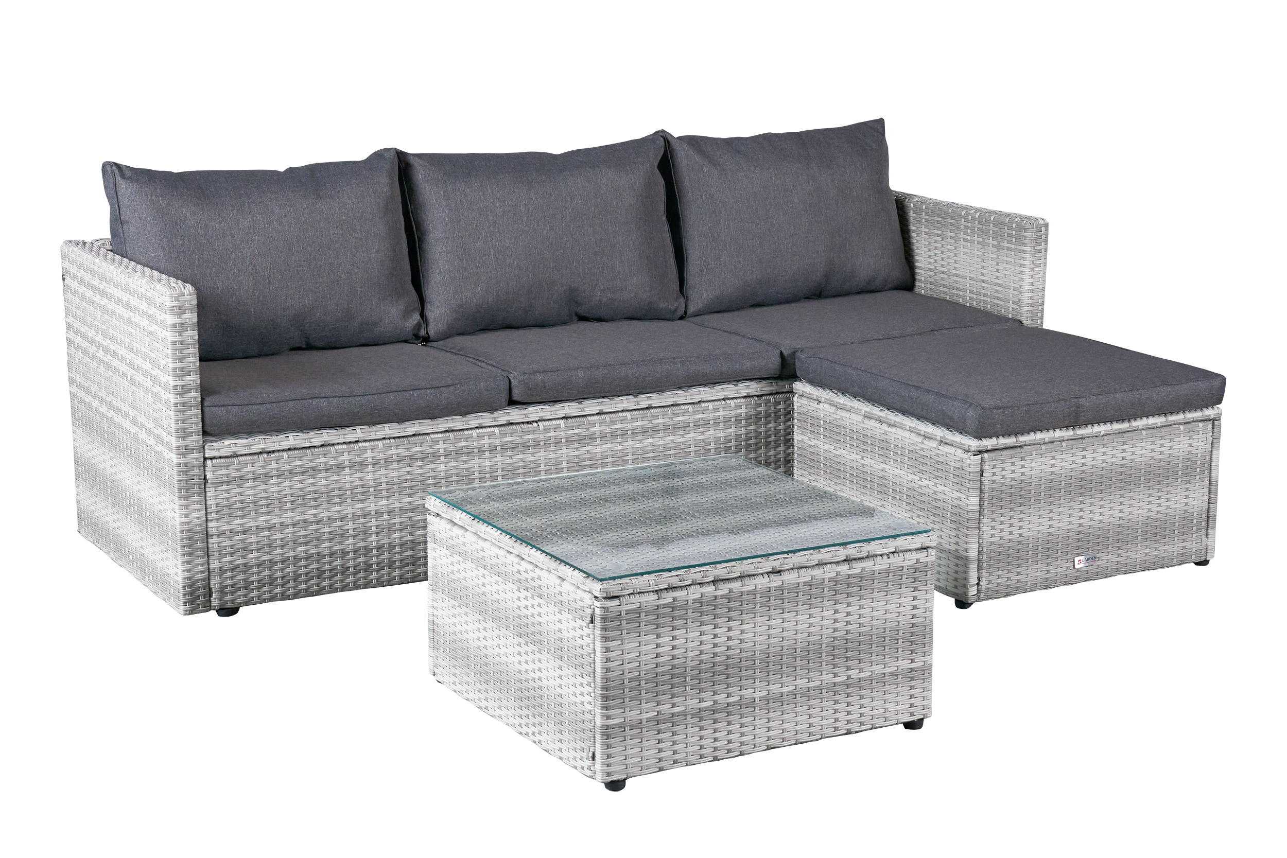 Gartenlounge Ecksofa Balkonset Manila Gartenset mit Tisch + Hocker weiß-grau