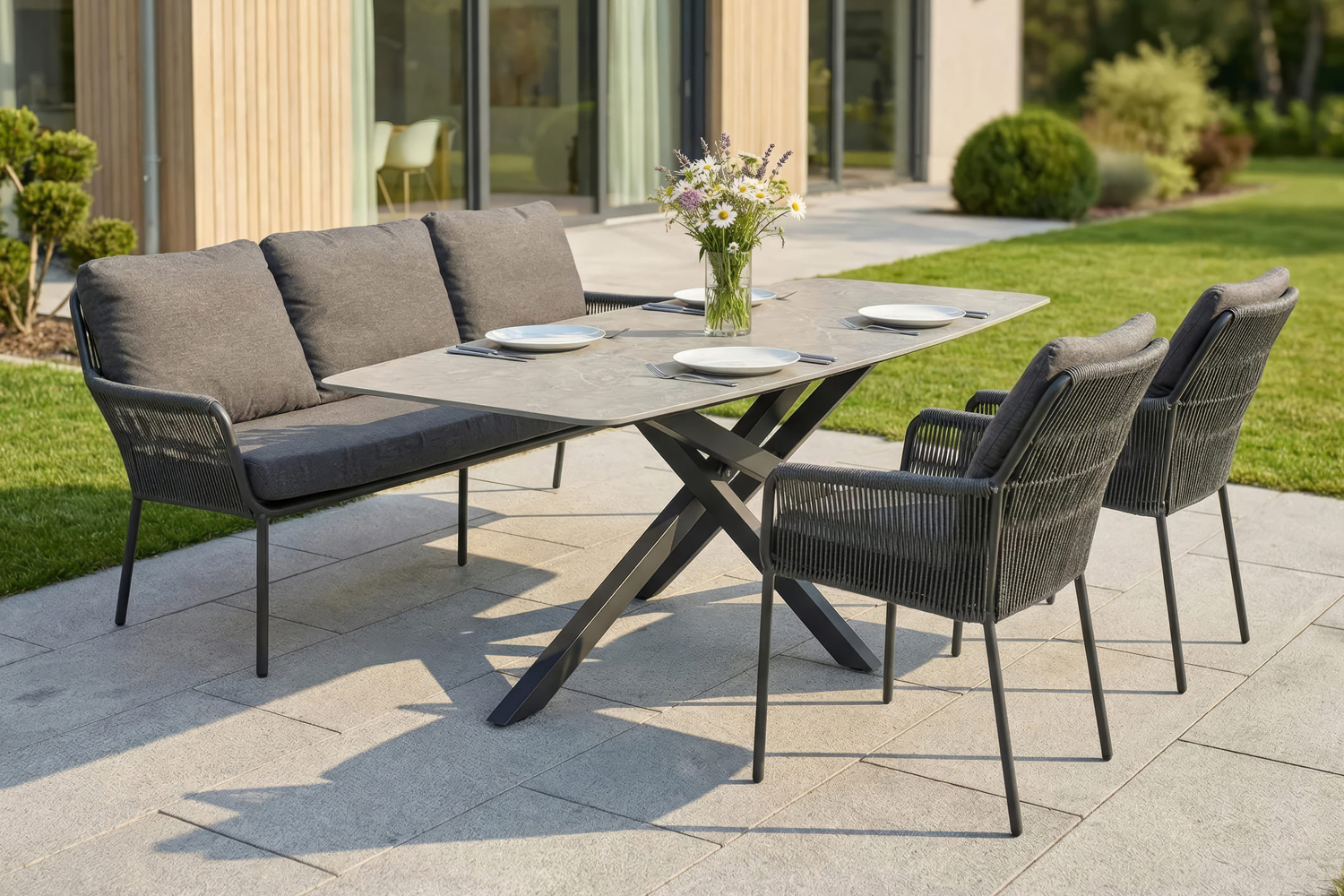 Loungesofa Concord 3-Sitzer Gartensofa mit Polster Relaxsofa Rope Anthrazit