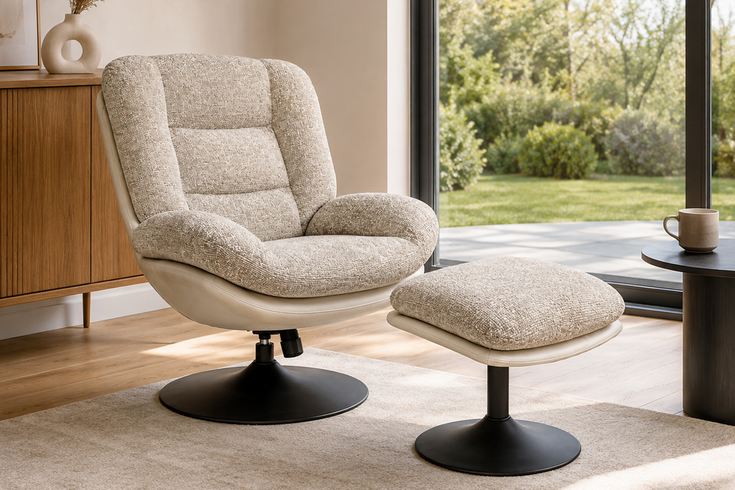 Relaxsessel mit Hocker Palermo Drehsessel Loungesessel Webstoff Beige