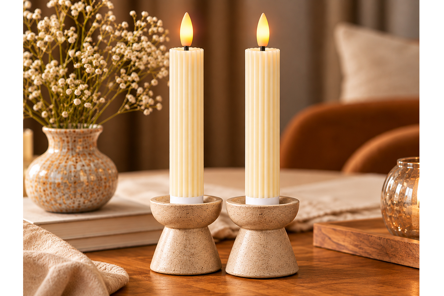 LED-Stabkerzen 2er Set Ø2,2x15,5 cm Dinnerkerze Riffel Timer Creme