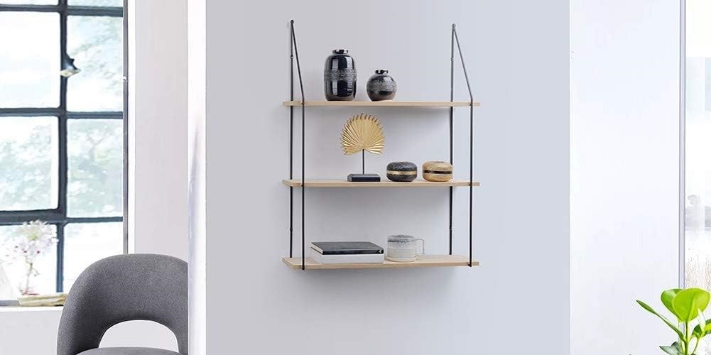 LIFA LIVING Schweberegal Alicante Holz Metall Modernes Wandregal mit 3 Etagen Boden Hängeregal 65 x 17 x 84 cm