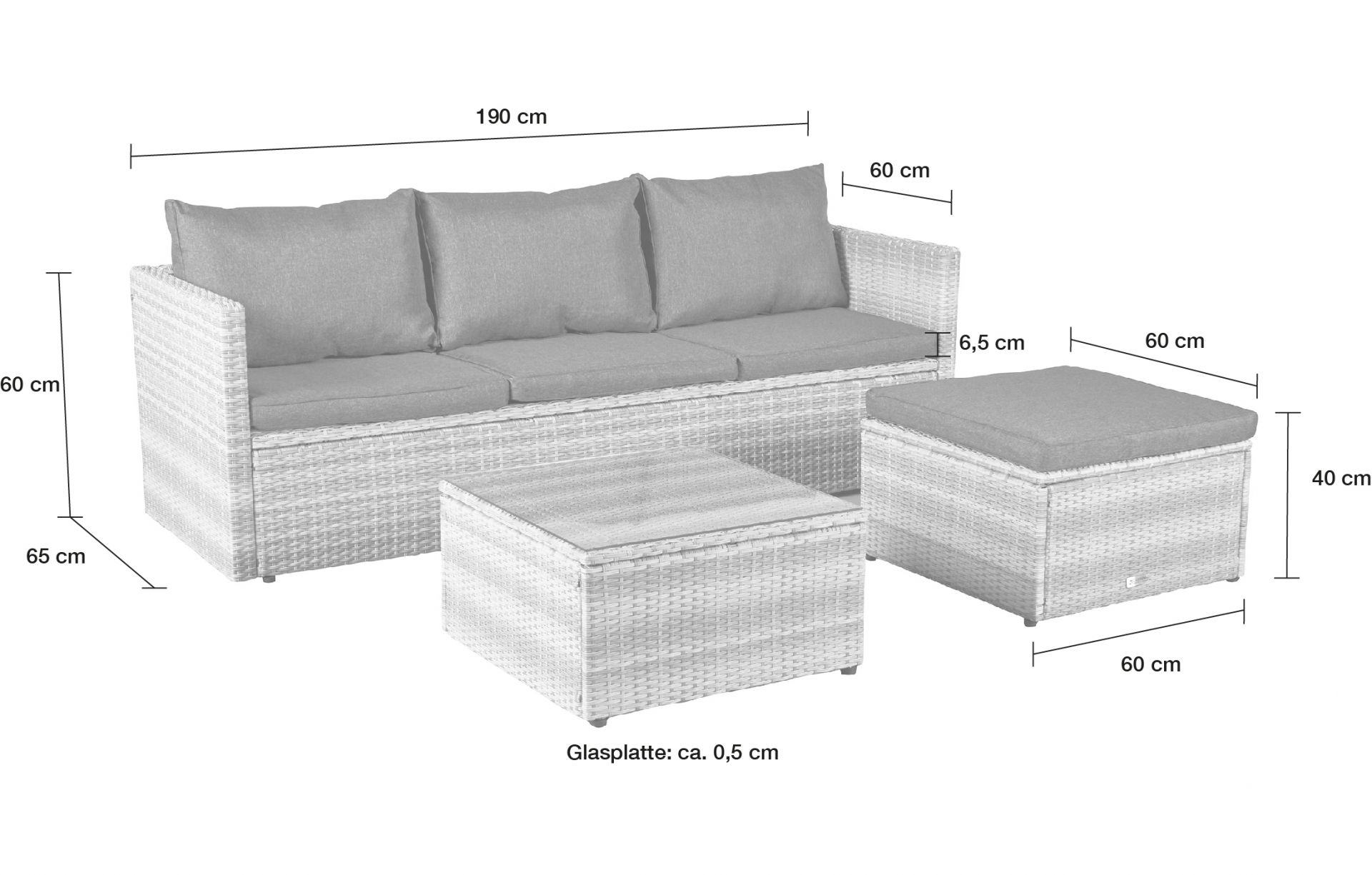 Gartenlounge Ecksofa Balkonset Manila Gartenset mit Tisch + Hocker weiß-grau