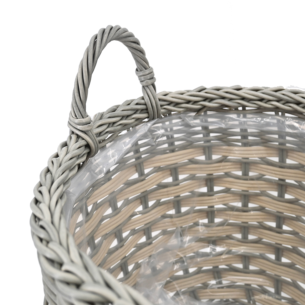 Pflanzkörbe Blumentopf Korb mit Henkel Übertopf 3er Set, Rattan, rund, grau-gestreift