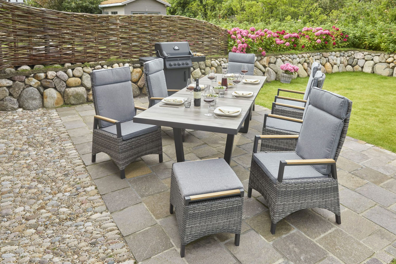 Hocker Fußbank Nizza braun Polyrattan Teak Garten wetterfest