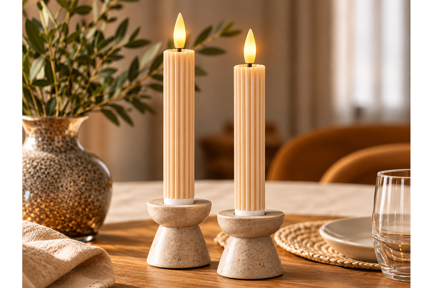 0017542-led-stabkerzen-echtwachs-dinnerkerze-beige_5.jpg LED-Stabkerzen 2er Set Ø2,2x15,5 cm Dinnerkerze Riffel Timer Beige