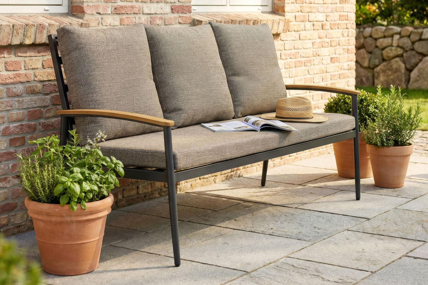 Loungesofa Phoenix 3-Sitzer 160cm Gartensofa mit Polster Teak Rope Anthrazit Loungesofa Phoenix 3-Sitzer 160cm Gartensofa mit Polster Teak Rope Anthrazit