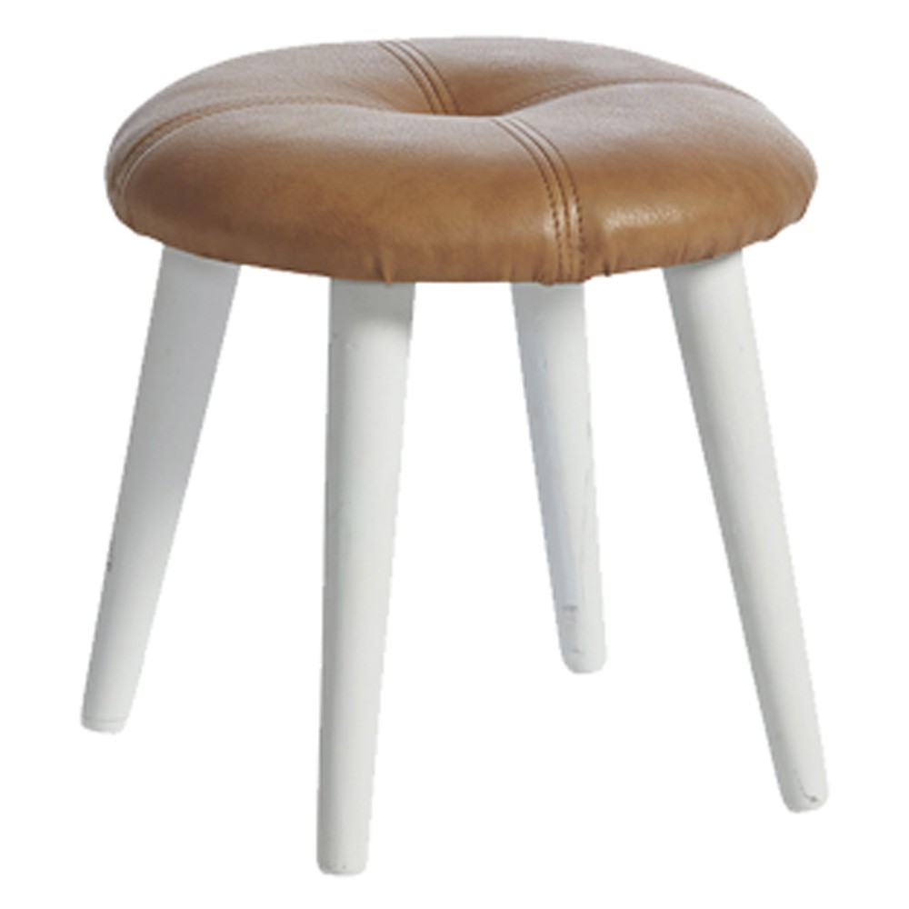 Schemel Fußhocker Ø36x32 cm Kunstleder Holz Hocker Hellbraun-Weiß Schemel Fußhocker Ø36x32 cm Kunstleder Holz Hocker Hellbraun-Weiß