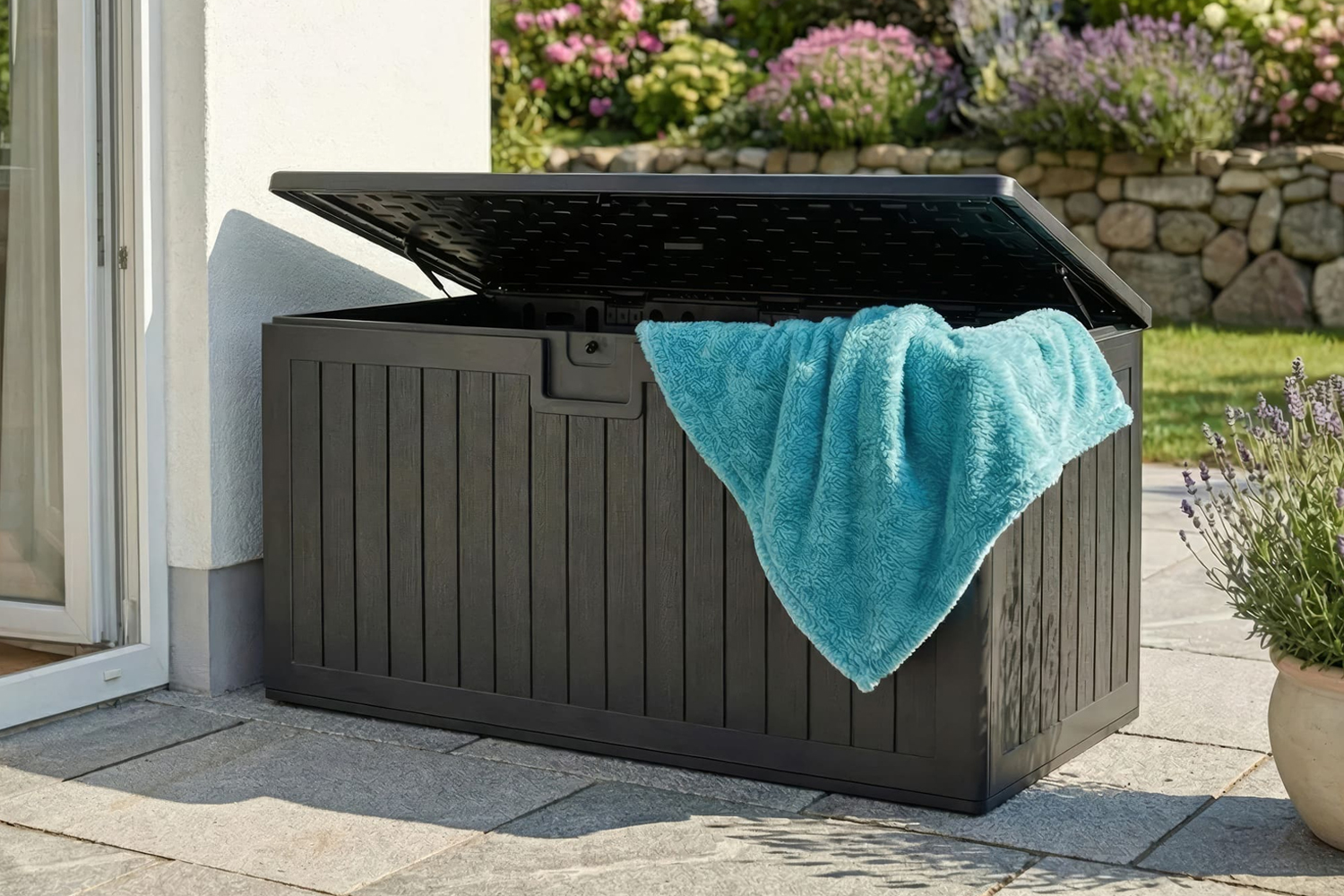 Aufbewahrungsbox Lilo Kissenbox Gartentruhe 160x80 cm Holzmaserung Schwarz