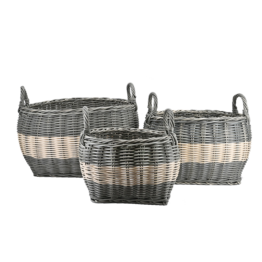 Pflanzkörbe Blumentopf Korb mit Henkel Übertopf 3er Set, Rattan, grau-gestreift Pflanzkörbe Blumentopf Korb mit Henkel Übertopf 3er Set, Rattan, grau-gestreift