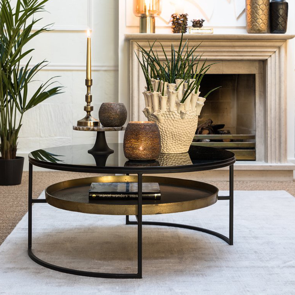 Couchtisch ROWDY von Light & Living Ø88x40 cm Glas Schwarz-Antik Bronze Couchtisch ROWDY von Light & Living Ø88x40 cm Glas Schwarz-Antik Bronze