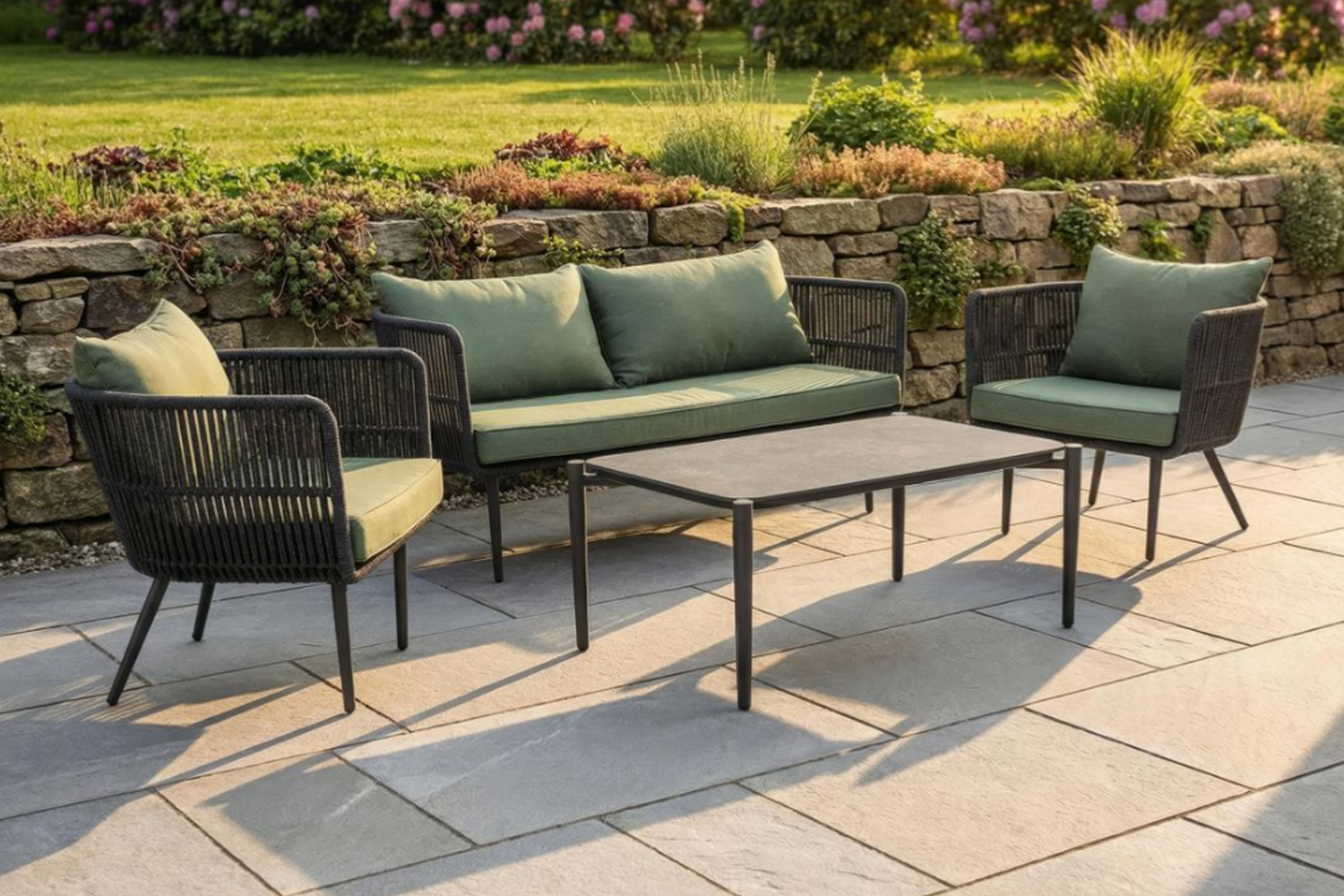 Lounge Set 4tlg. Luna Loungemöbel Sitzgruppe mit Tisch und Sessel Rope Grün