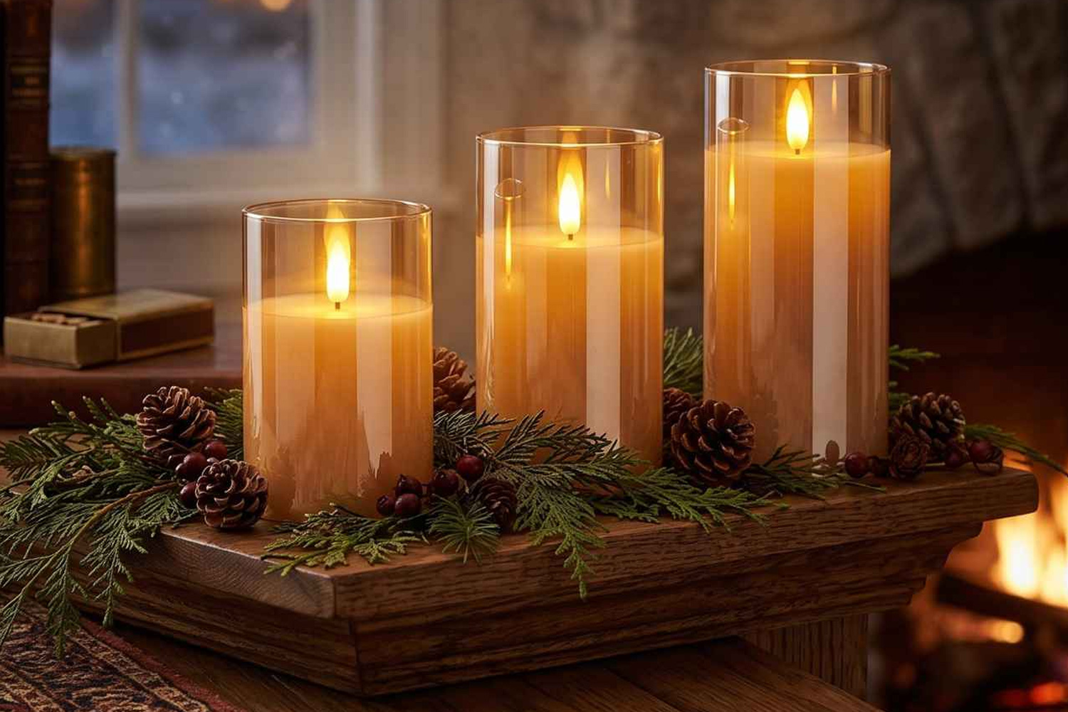 LED-Kerzen Set mit Fernbedienung Timer 3-tlg. im Glas Bernstein