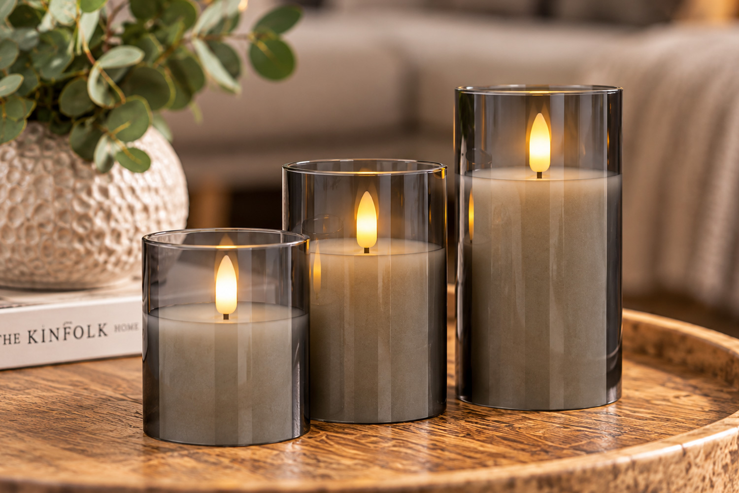 LED-Kerzen Set mit Fernbedienung Timer 3-tlg. im Glas Grau