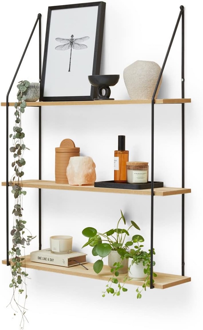 LIFA LIVING Schweberegal Alicante Holz Metall Modernes Wandregal mit 3 Etagen Boden Hängeregal 65 x 17 x 84 cm LIFA LIVING Schweberegal Alicante Holz Metall Modernes Wandregal mit 3 Etagen Boden Hängeregal 65 x 17 x 84 cm