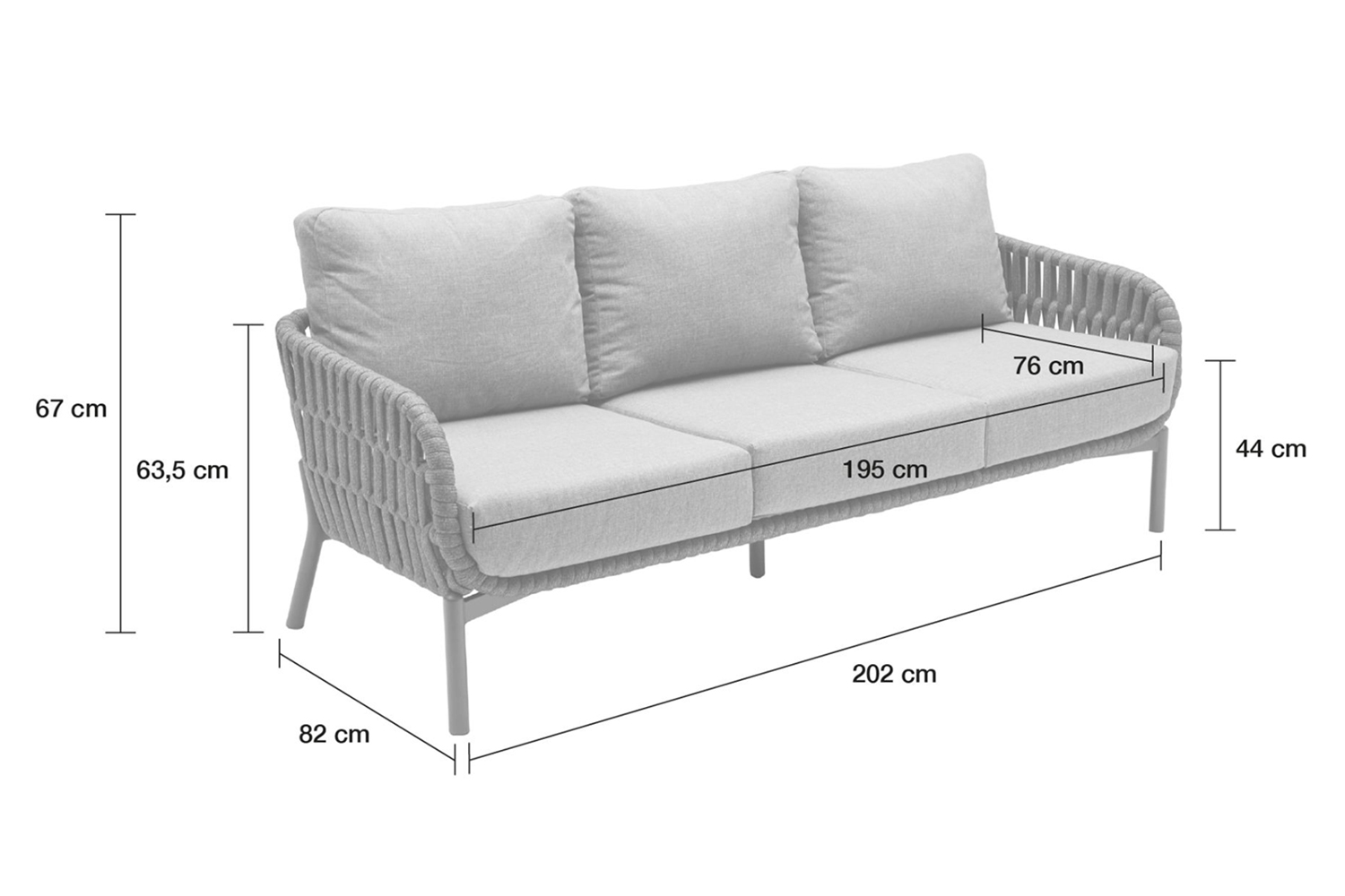 Loungesofa Malte 3-Sitzer Gartensofa mit Polster Relaxsofa Rope Taupe