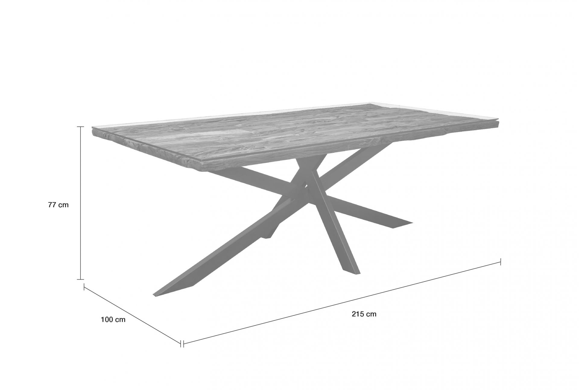 Esstisch 215x100 cm Holztisch Akazienholz recycelt mit Glasplatte Stern-Metallgestell