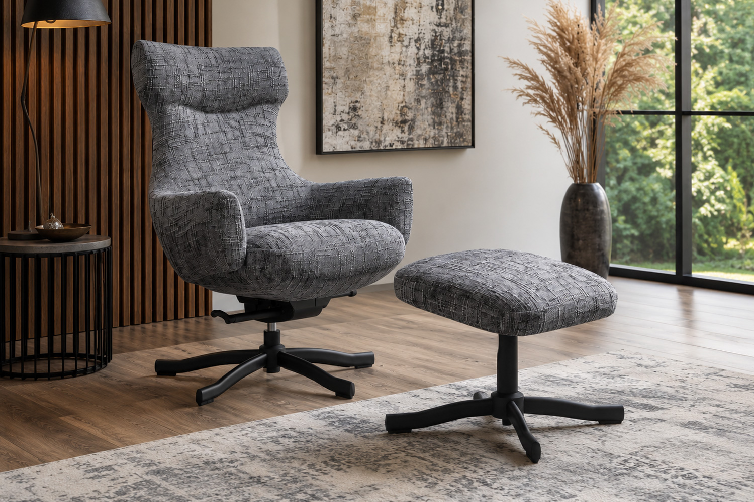 Relaxsessel mit Hocker Elba Drehsessel Loungesessel Webstoff Dunkelgrau