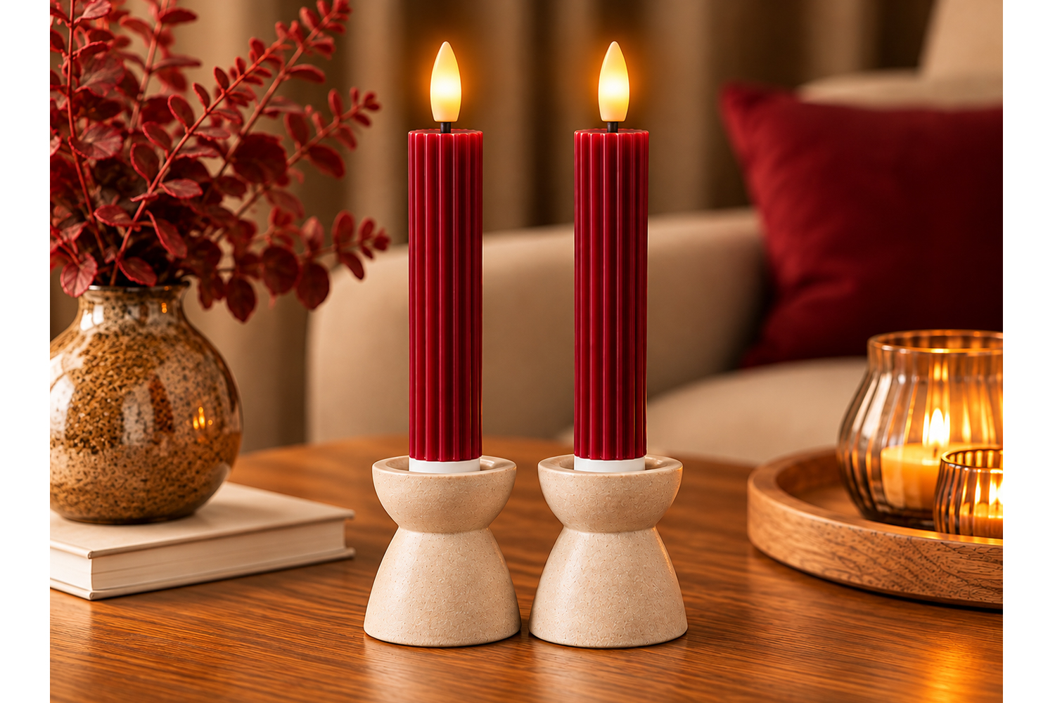 0017537-led-stabkerzen-echtwachs-dinnerkerze-dunkelrot_5.jpg LED-Stabkerzen 2er Set Ø2,2x15,5 cm Dinnerkerze Riffel Timer Dunkelrot