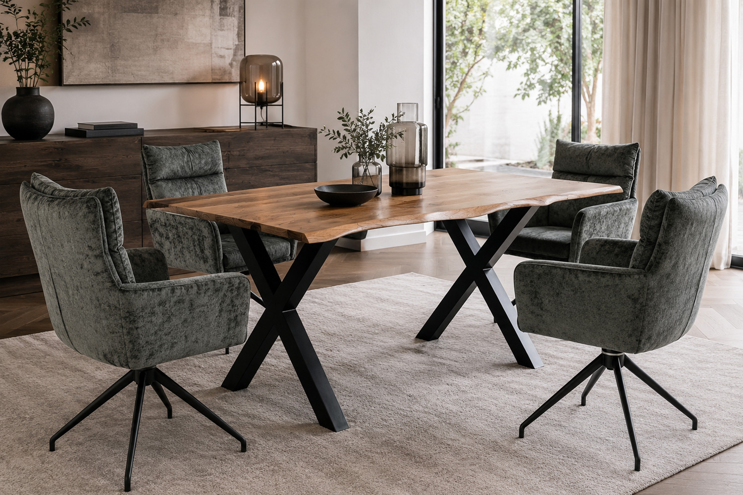 Esstisch Madrid 160x85 cm Massivholz Baumkante X-Beine Holztisch Akazienholz