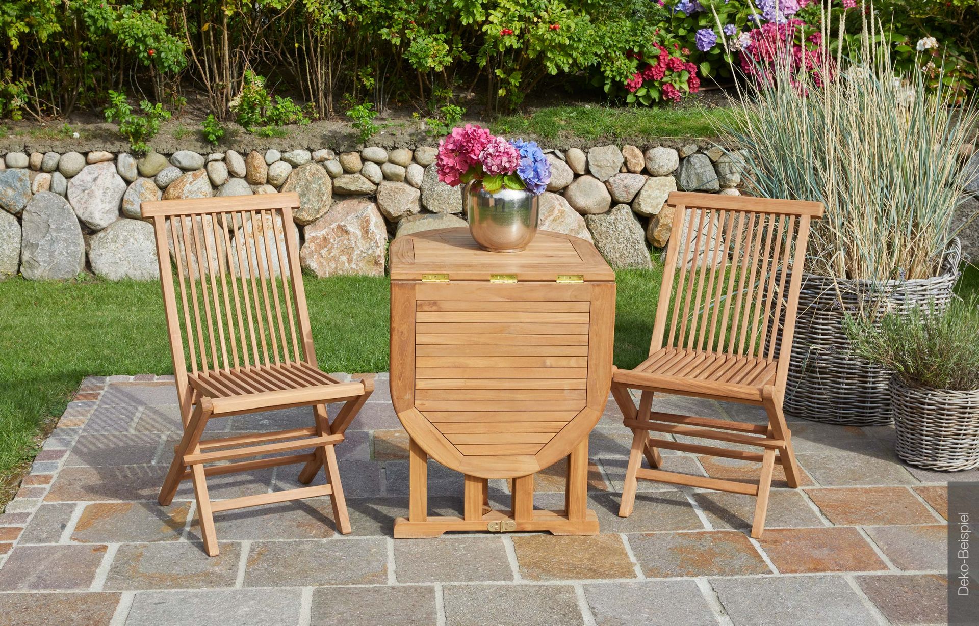 Klappstuhl Ela 2er Set Teak Gartenstuhl 47x43x89cm Klapptisch Ela Teak Beistelltisch Balkontisch oval Gartenmöbel 60/120x60x75cm