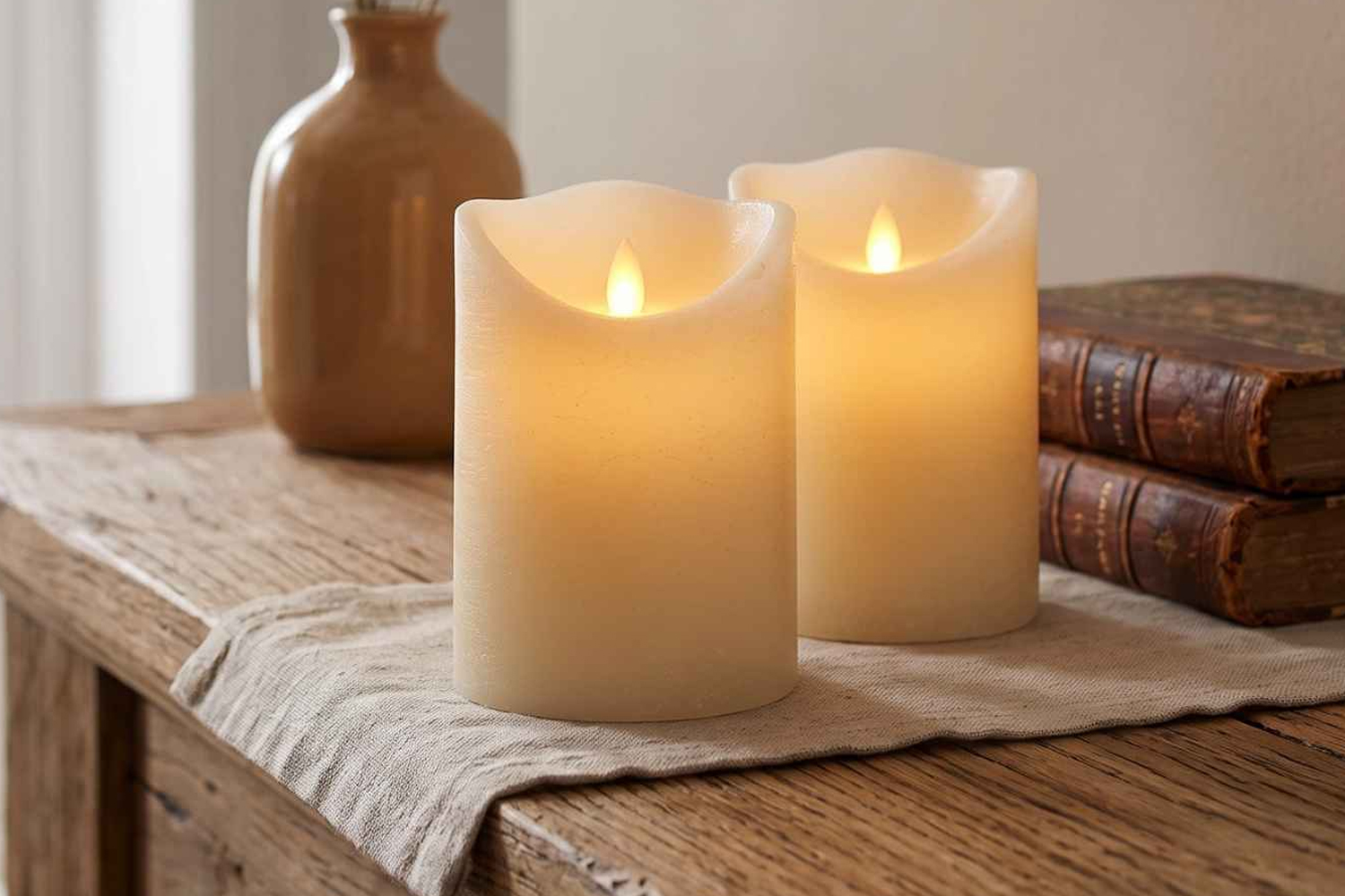 LED-Kerze Ø7,5x10 cm Echtwachs Stumpenkerze Rustikal Timer Creme