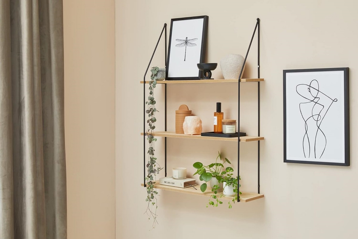 LIFA LIVING Schweberegal Alicante Holz Metall Modernes Wandregal mit 3 Etagen Boden Hängeregal 65 x 17 x 84 cm LIFA LIVING Schweberegal Alicante Holz Metall Modernes Wandregal mit 3 Etagen Boden Hängeregal 65 x 17 x 84 cm