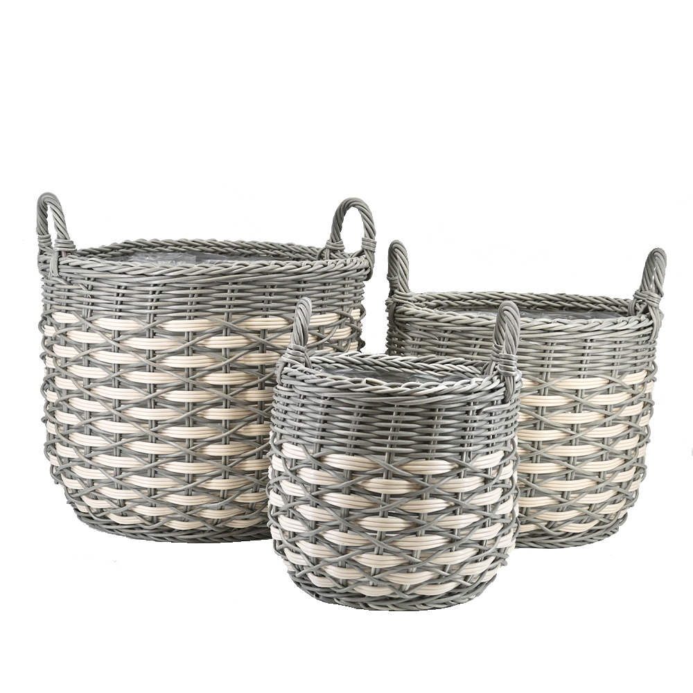 Pflanzkörbe Blumentopf Korb mit Henkel Übertopf 3er Set, Rattan, rund, grau-gestreift Pflanzkörbe Blumentopf Korb mit Henkel Übertopf 3er Set, Rattan, rund, grau-gestreift