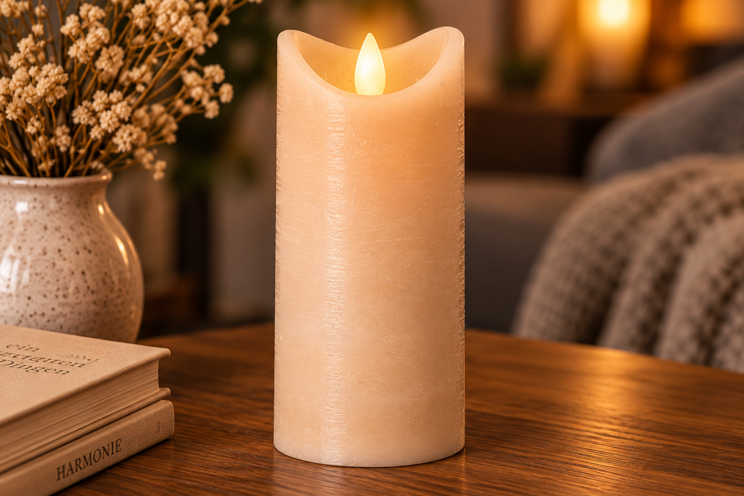 LED-Kerze Ø7,5x15 cm Echtwachs Stumpenkerze Rustikal Timer Beige
