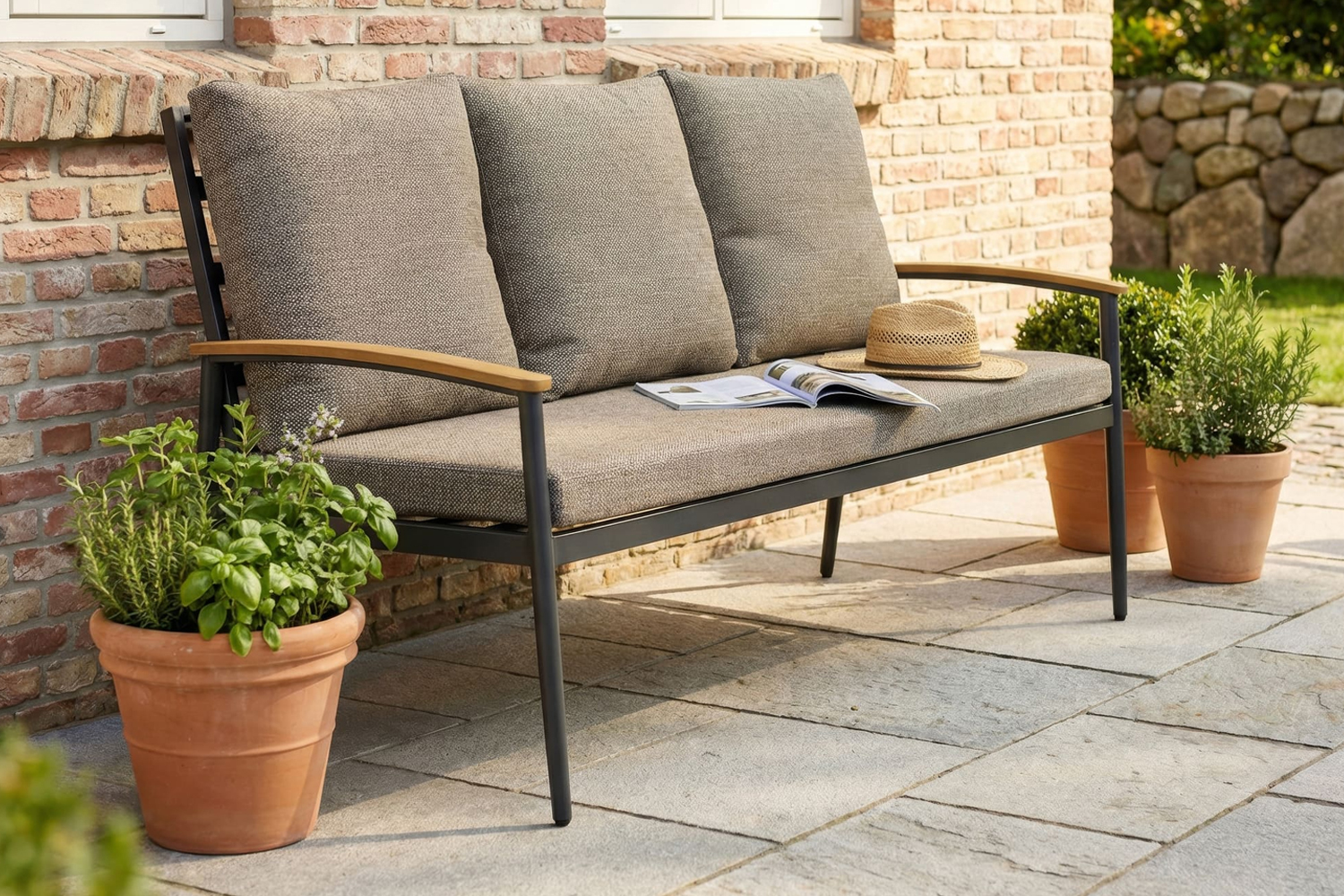 Loungesofa Phoenix 3-Sitzer Gartensofa mit Polster Teak Rope Anthrazit