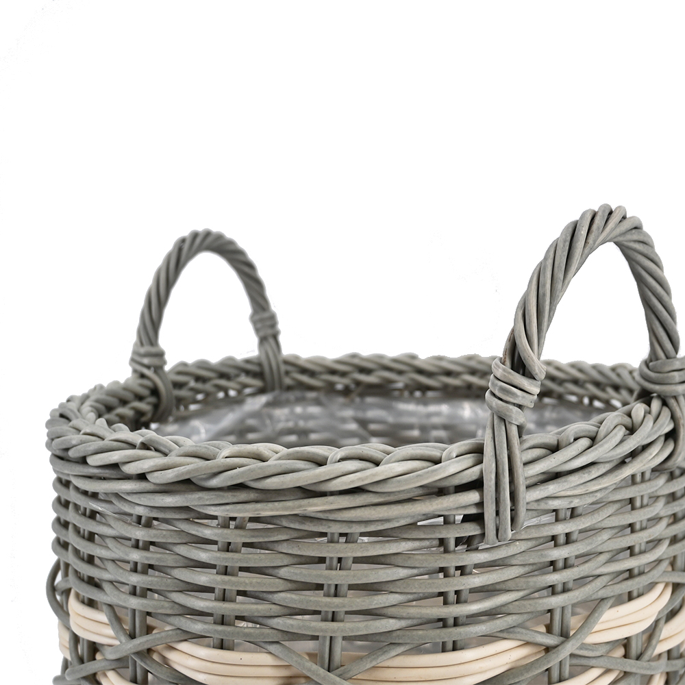 Pflanzkörbe Blumentopf Korb mit Henkel Übertopf 3er Set, Rattan, rund, grau-gestreift Pflanzkörbe Blumentopf Korb mit Henkel Übertopf 3er Set, Rattan, rund, grau-gestreift