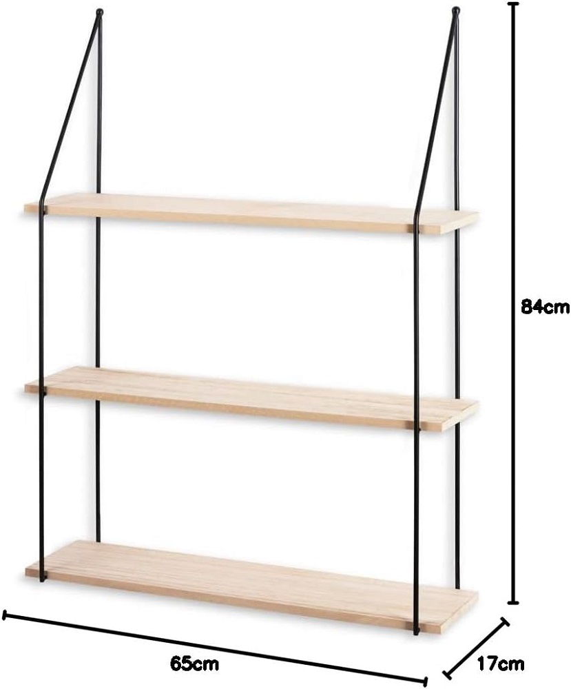 LIFA LIVING Schweberegal Alicante Holz Metall Modernes Wandregal mit 3 Etagen Boden Hängeregal 65 x 17 x 84 cm