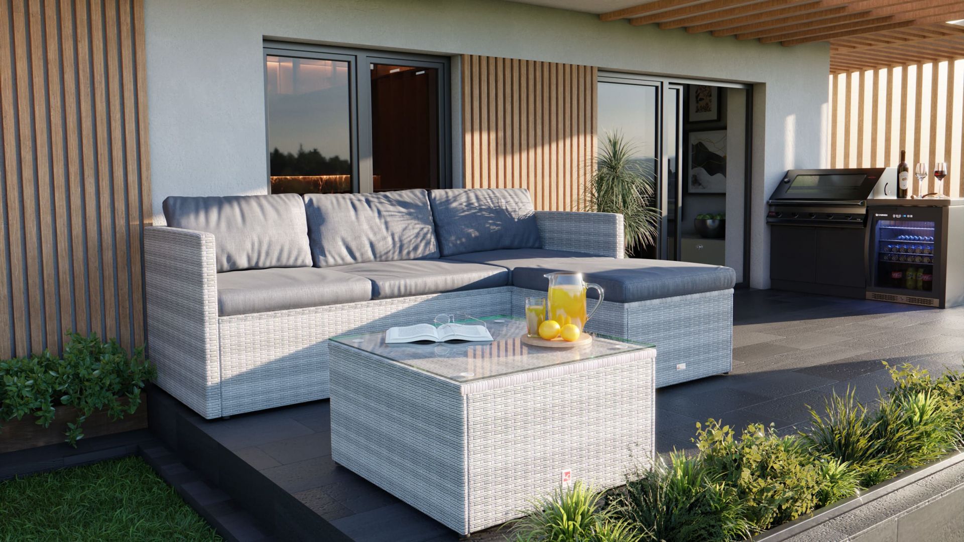 Gartenlounge Ecksofa Balkonset Manila Gartenset mit Tisch + Hocker weiß-grau