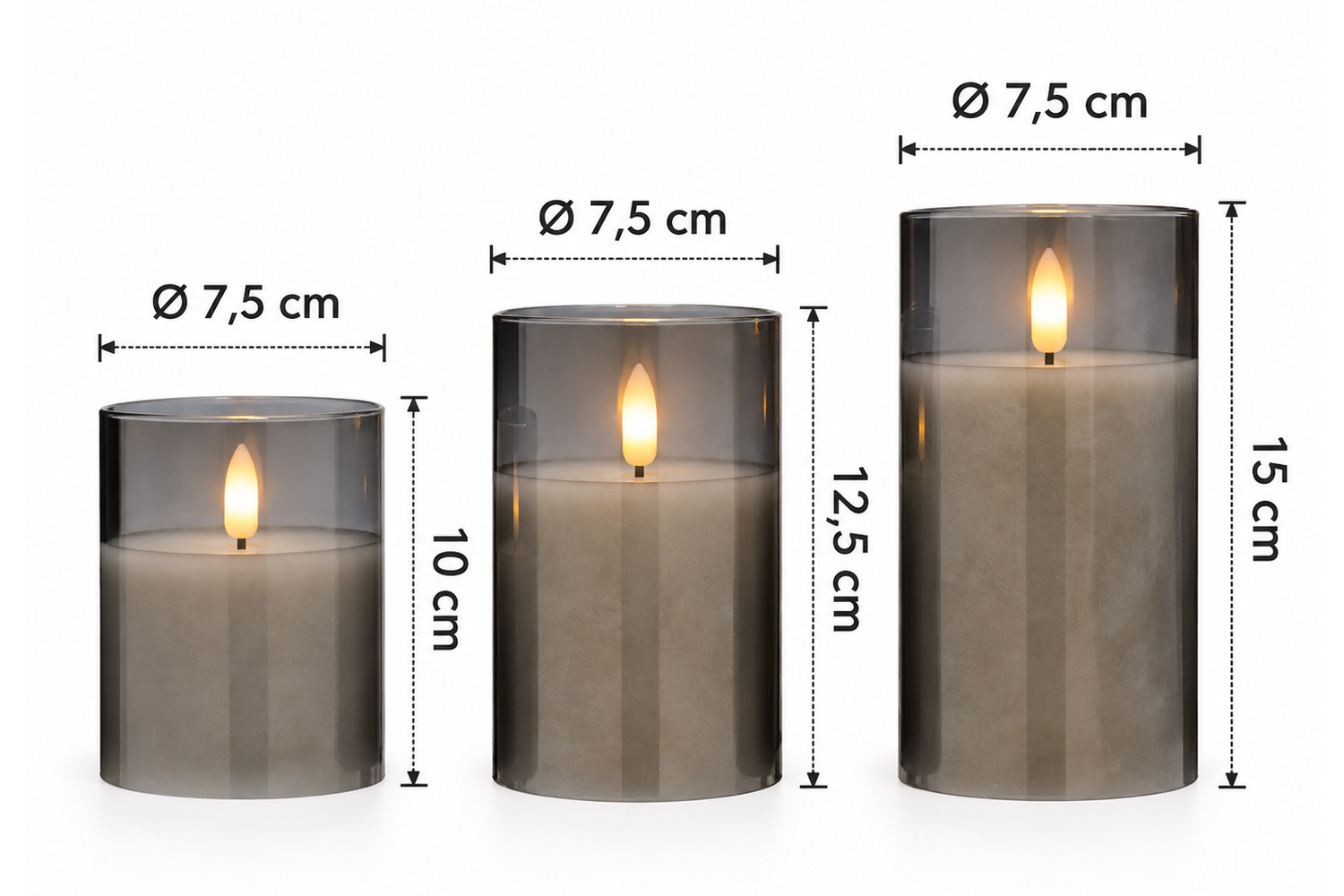 LED-Kerzen Set mit Fernbedienung Timer 3-tlg. im Glas Grau