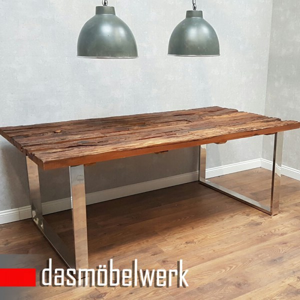 Esszimmer-Tisch Massivholz Esstisch mit Edelstahl Kufengestell Industrial 180/200/220 cm